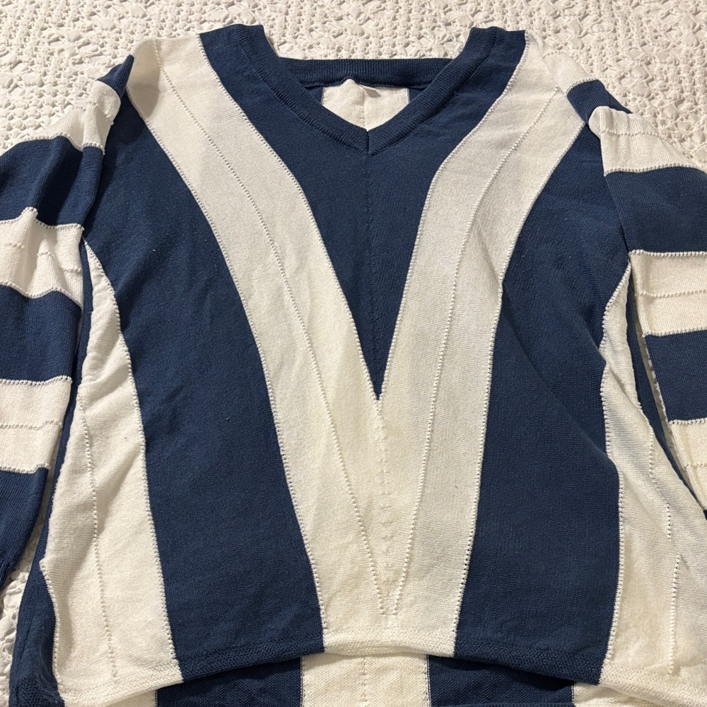 Navy and White Striped V-Neck Sweater